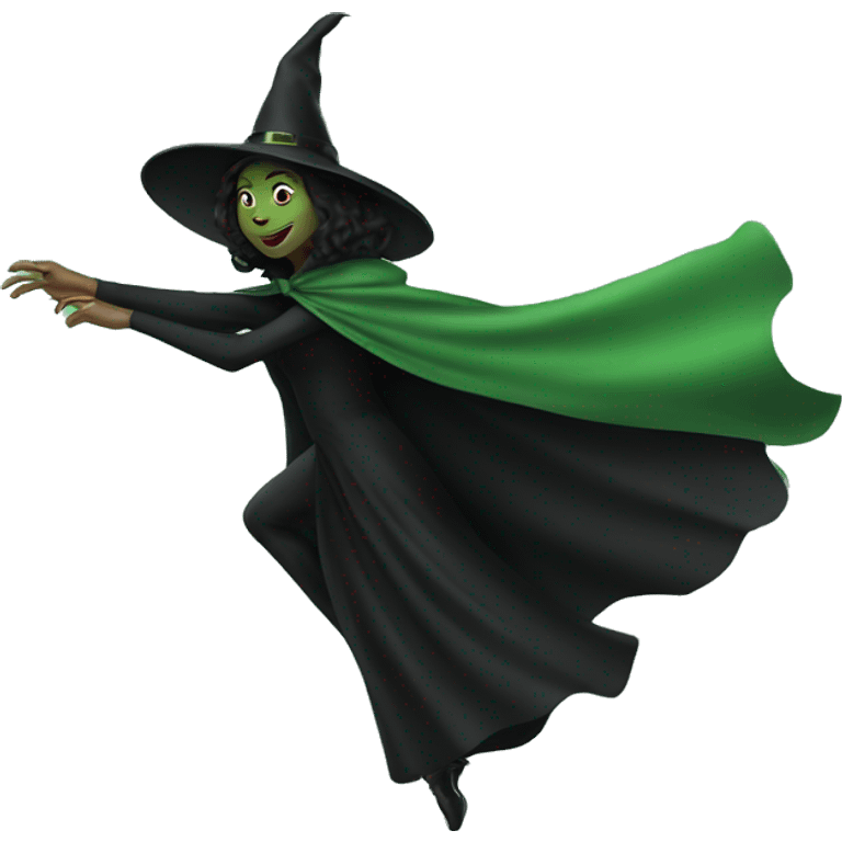 Flying green witch with black cape emoji