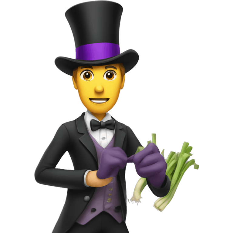 White man wearing a Top Hat with a purple band holding a leek emoji