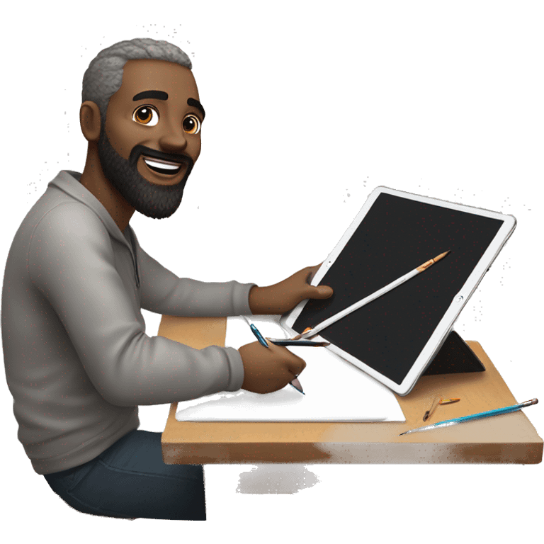 A man, drawing on an iPad with a stylus. , using the iPad placed on a table. with art tools like brushes and pencils around him. 🎨 emoji