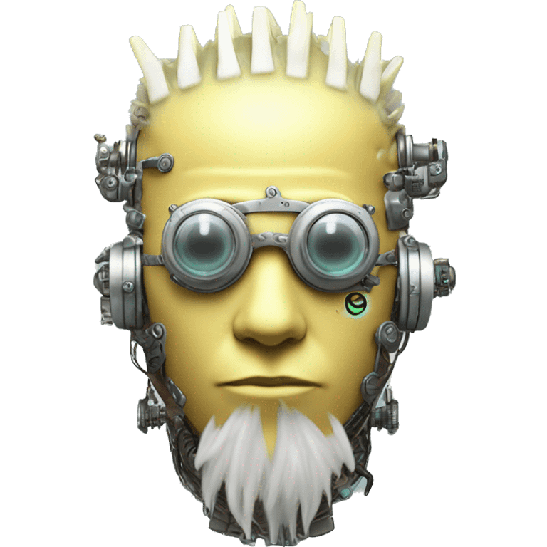 Pastel light yellow Mohawk cyborg head with silver steampunk goggles, goatee and circuits emoji