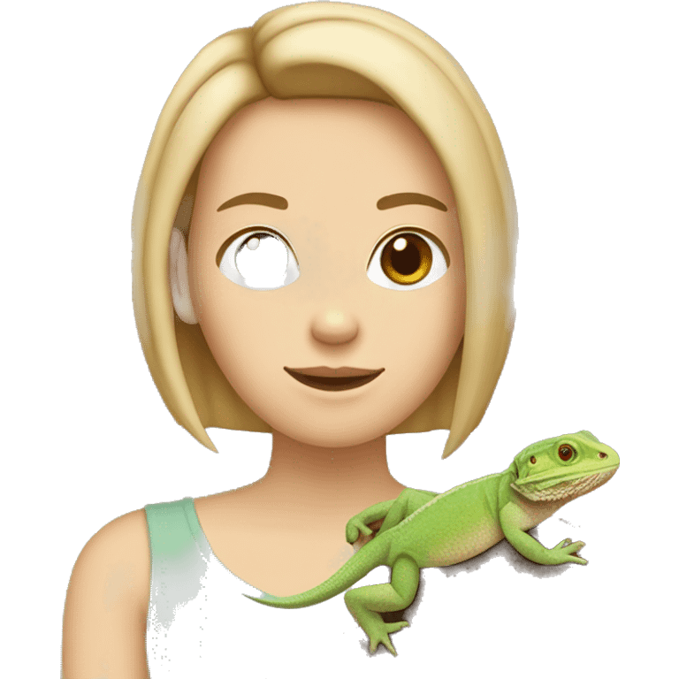 white girl with brown bob haircut holding bearded dragon lizard  emoji