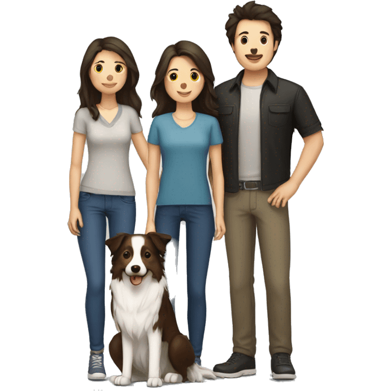 family group consisting of one brunette long hair woman, one brunette short hair man and one border collie emoji