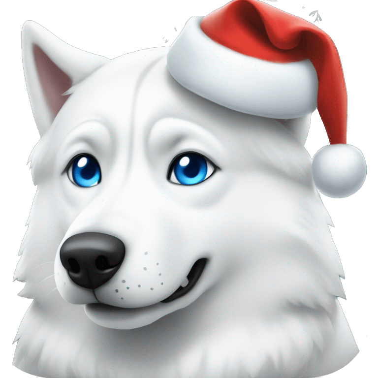 All white husky with blue eyes and a Christmas hat emoji