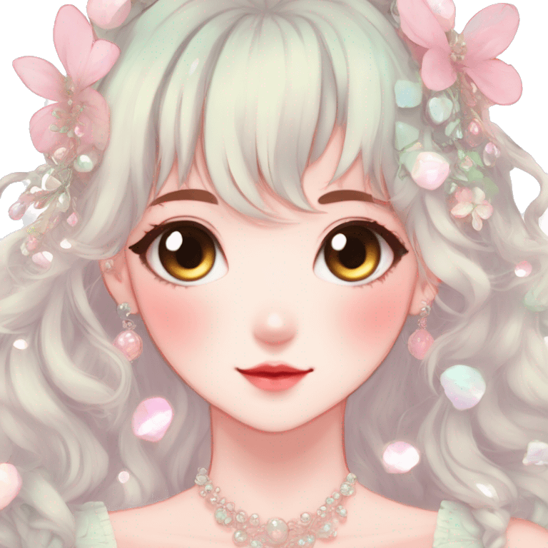 Gorgeous anime style lady with blushing face and accessories cottagecore fairycore Kawaii anime colorful pearly romantic aesthetic trending style emoji