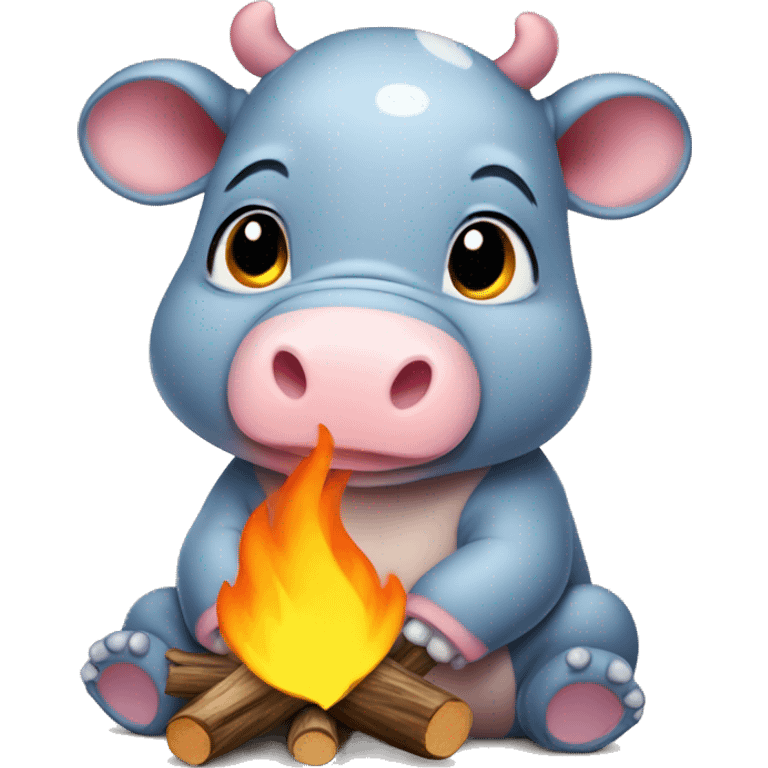 moo deng the baby hippo wearing a flannel by a campfire emoji