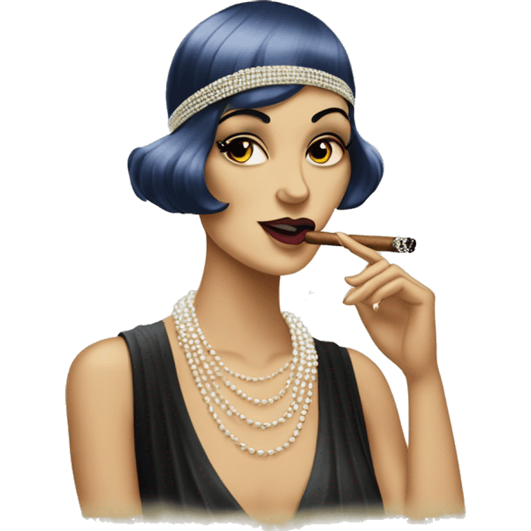 A roaring ’20s flapper emoji smoking a cigar with pearl necklaces emoji