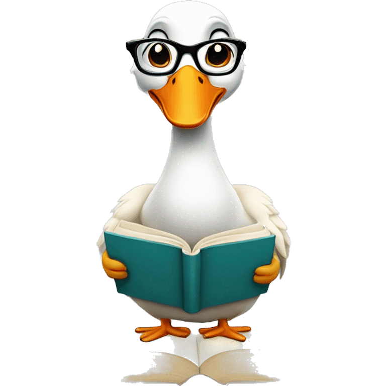 Funny goose in glasses with a book emoji