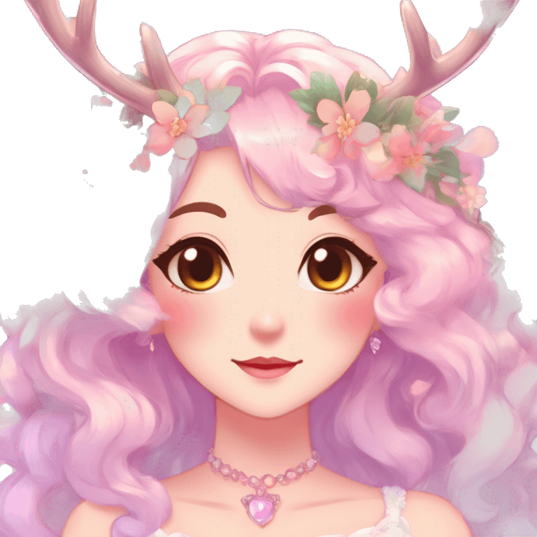 Gorgeous Shiny Colorful Pastel Anime Style Mature Lady with blushing face and pretty hair with a flower crown and antlers pastelcore kawaii cottagecore fairycore aesthetic trending style emoji