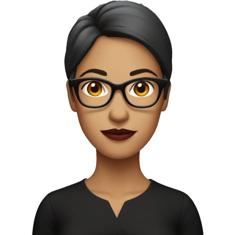 A red red woman with glasses, serious face, wearing a black dress emoji