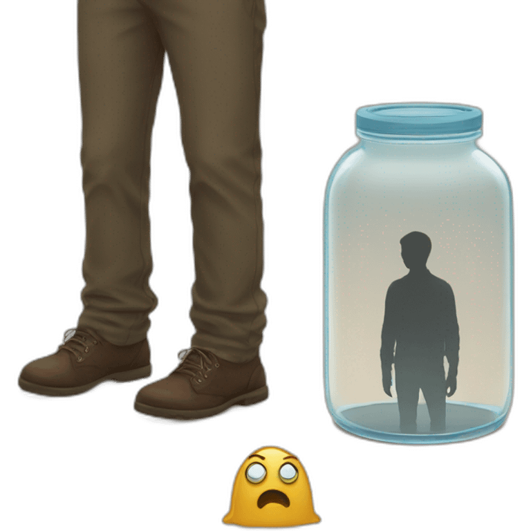 a glass jar standing on the floor between two man's feet emoji