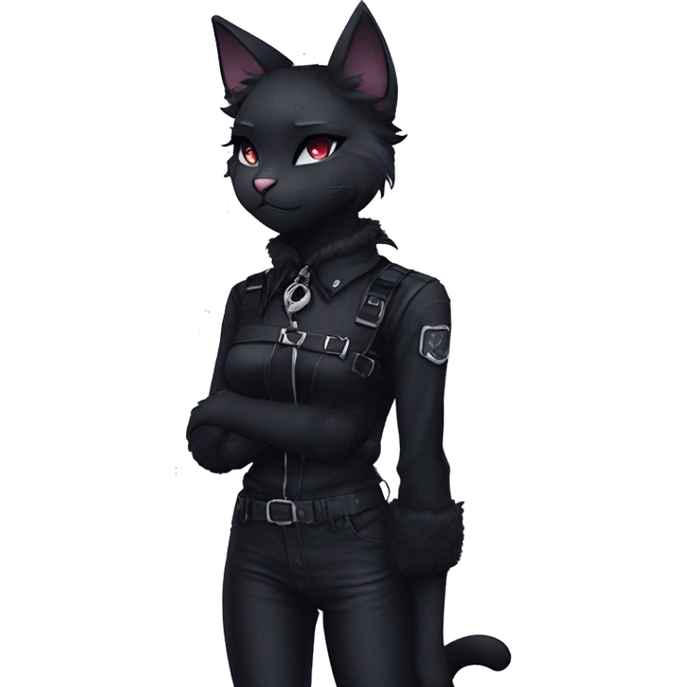 Gorgeous furry gothic dark techwear anime style anthro black cat furry sona with blushing face aesthetic and pretty edgy black with collar and harness trending style emoji