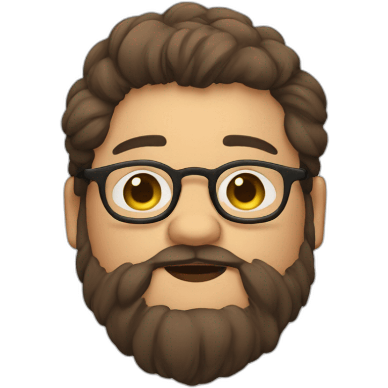 Chubby, non binary, round glasses, attached long brown hair, beard, sleepy smiling emoji