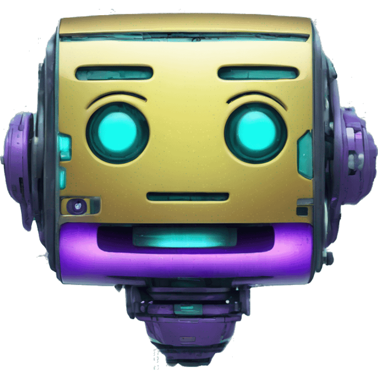 Smily face robotic scanning device, cyberpunk, cyan and purple colors, friendly, futuristic, binary code emoji