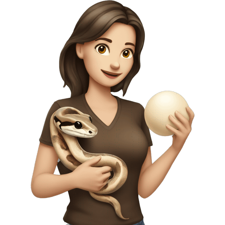 Brunette girl holding cream and brown ball python emoji