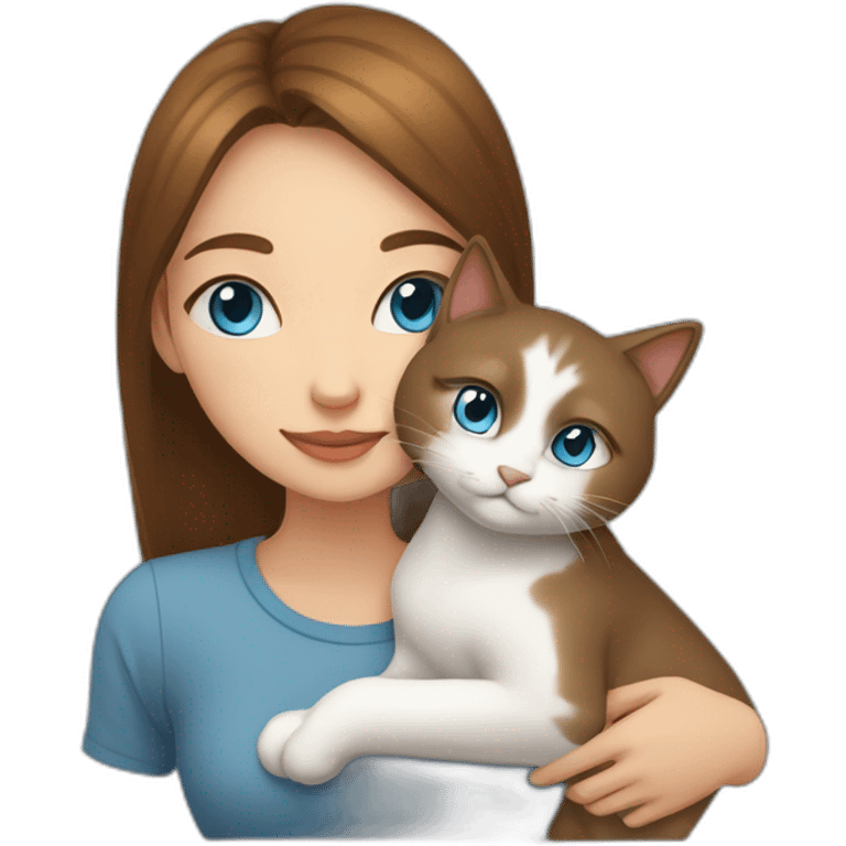 light gray, blue eyed cat cuddles brown highlighted colored girl emoji