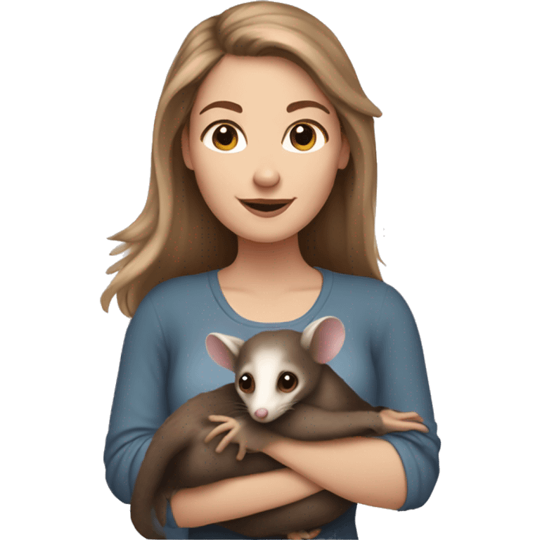 White woman brown hair holding opossum emoji