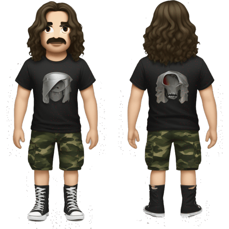 A metal head guy with semi long wavy hair, with a black metal band T shirt and Camouflage cargo shorts with Black Converse on  emoji