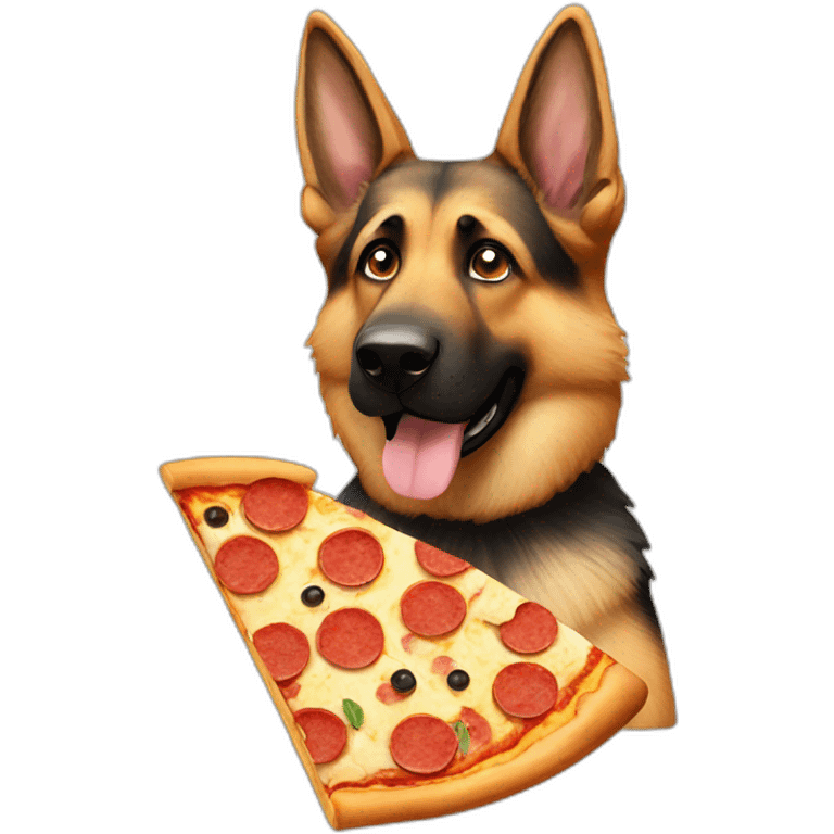 A German shepherd eating pizza emoji