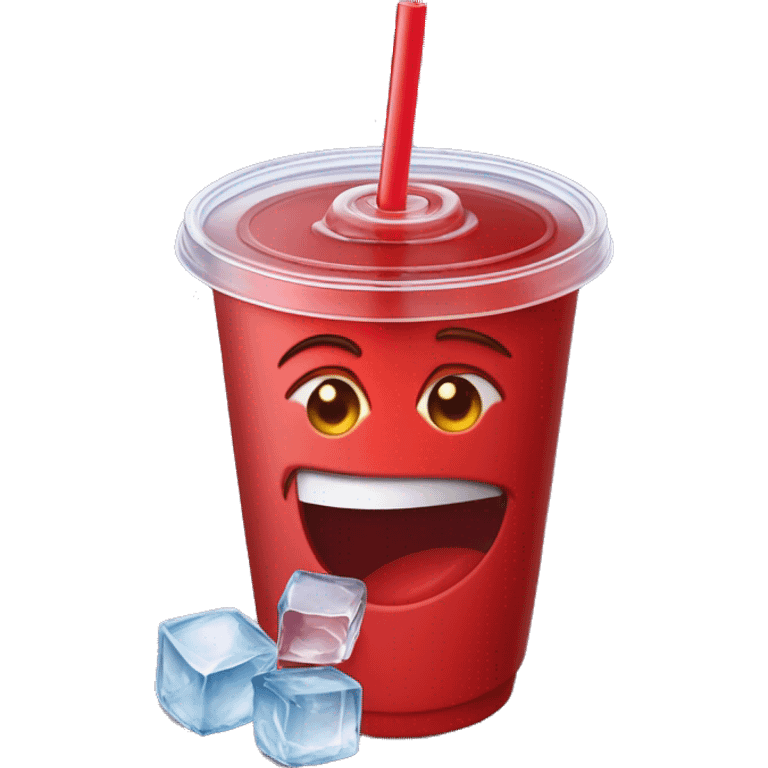 Realistic plastic cup and lid with Transluscent red soda and large ice cubes inside and one straw through the top of the lid. emoji