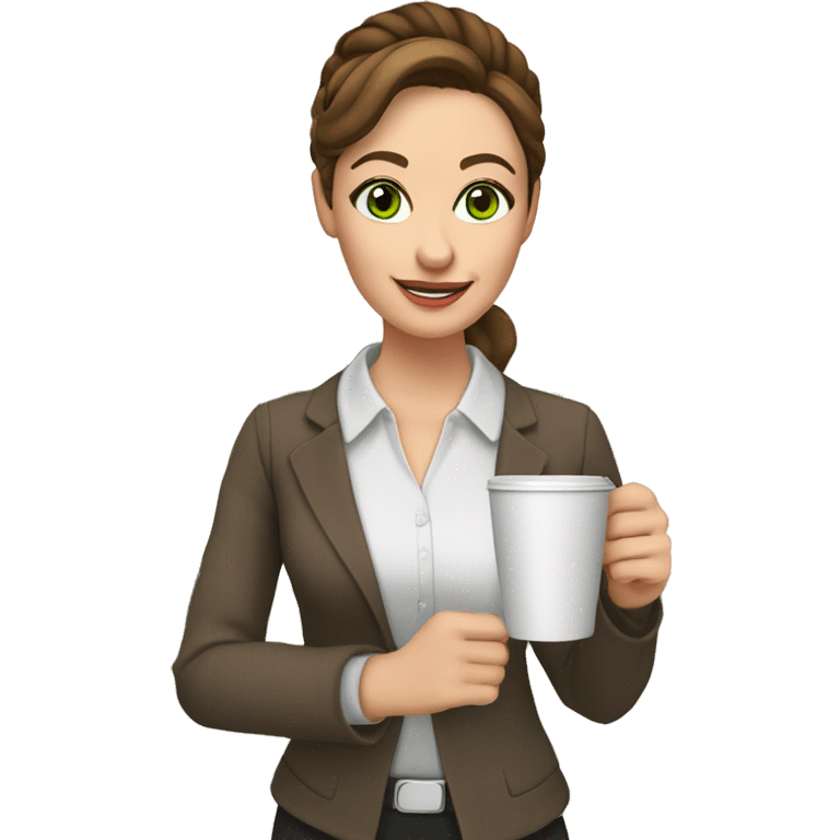 a female teacher who has natural green eyes brown hair and pale skin. she likes her hair in a bun. She loves coffee so much. Make the scenery in a classroom. she is a teacher and her hair is in a bun. she is holding a coffee
 emoji