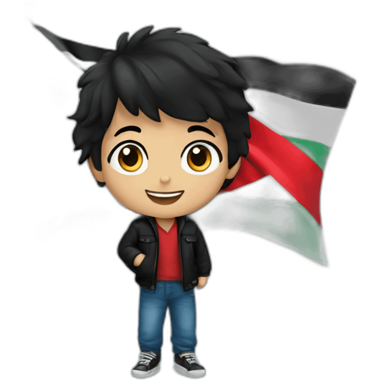 a young boy waving the palestine flag up high he is wearing a black jacket with blue jeans and black hair emoji