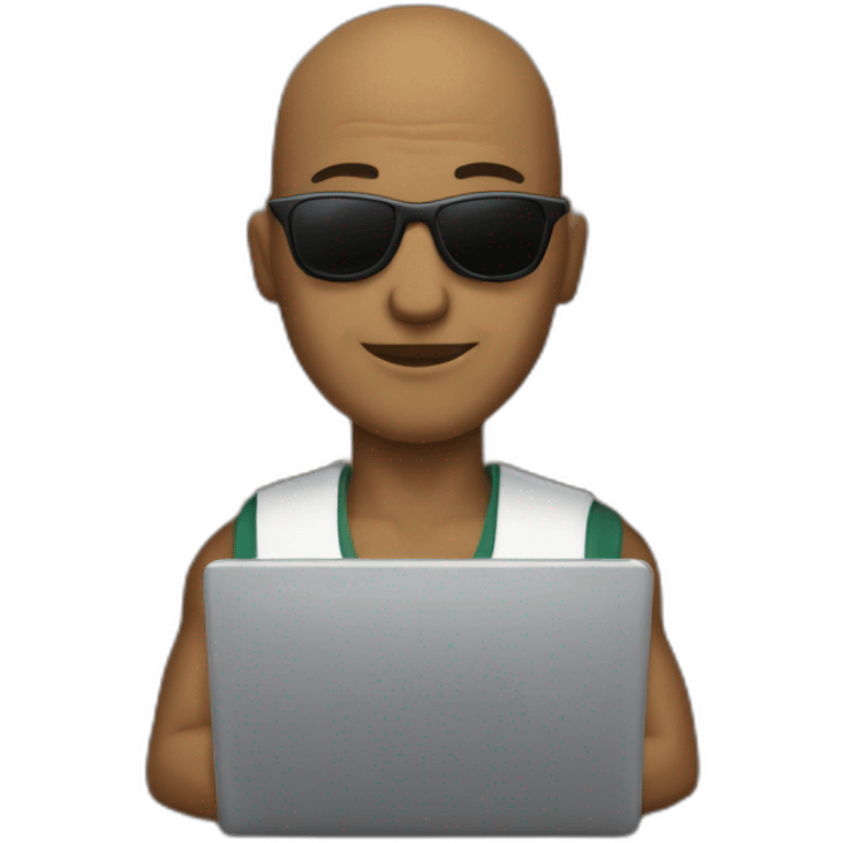 a stronge bald man with sunglasses holding a laptop emoji