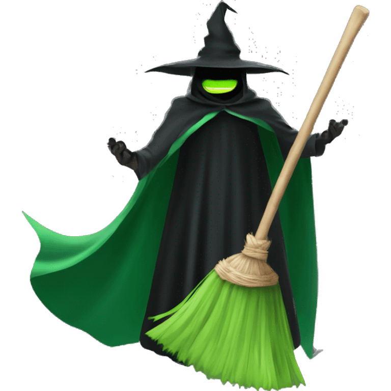 Broom Flying green witch with black big cape extending like a v shape emoji