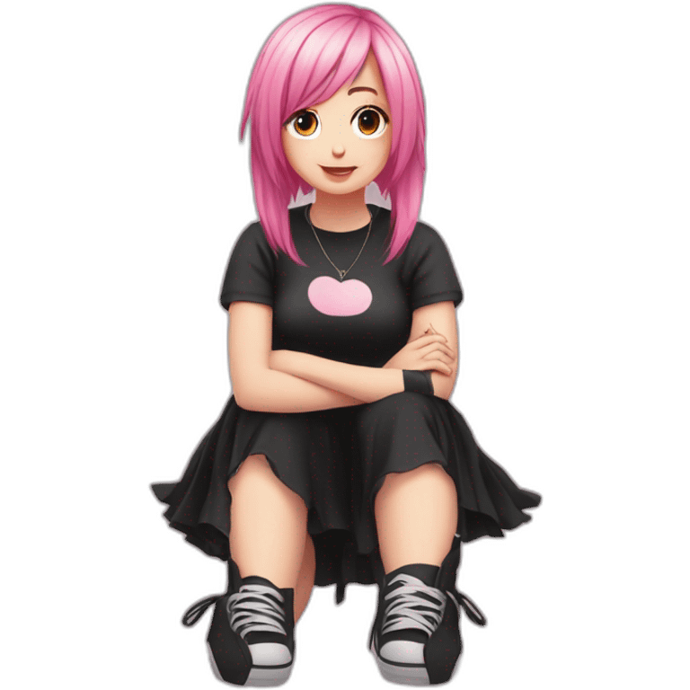 Full body Front view curvy emo girl pink hair sits on the floor straight view hands up black skirt белые трусики emoji