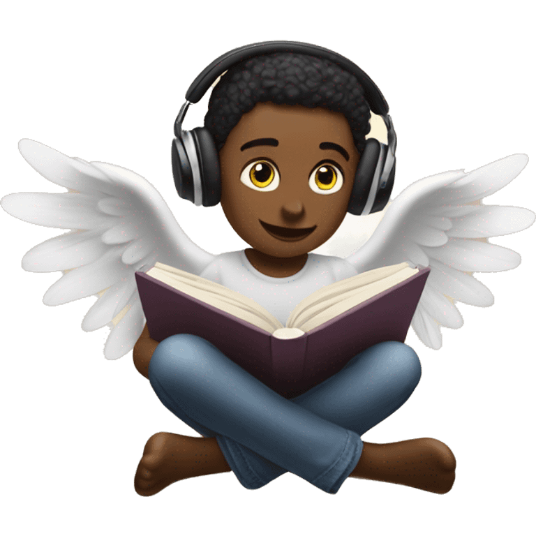 Create angel reading the book One Hundred Years of Solitude and listening to music through airpods emoji