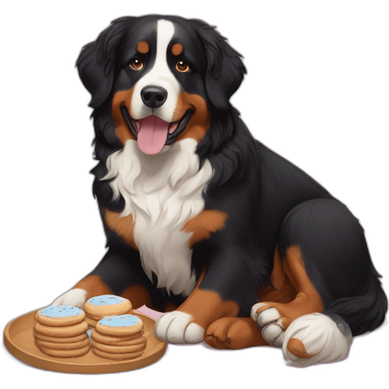 bernese mountain dog drinking tea and eating cookies emoji