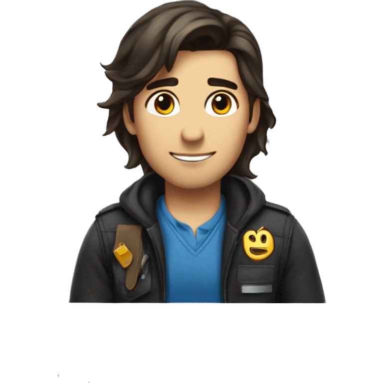 I wanna see emoji An airport employee at the check-in desk is male and he is a brunette emoji