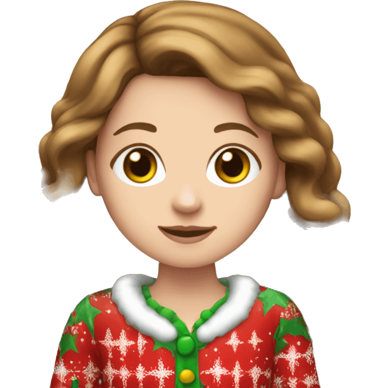 White girl with long brown hair wearing Christmas pajamas emoji