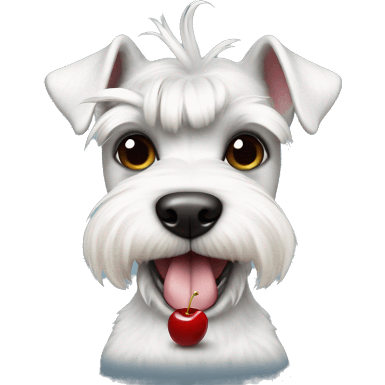 White fun mini schnauzer in overalls with cherries emoji