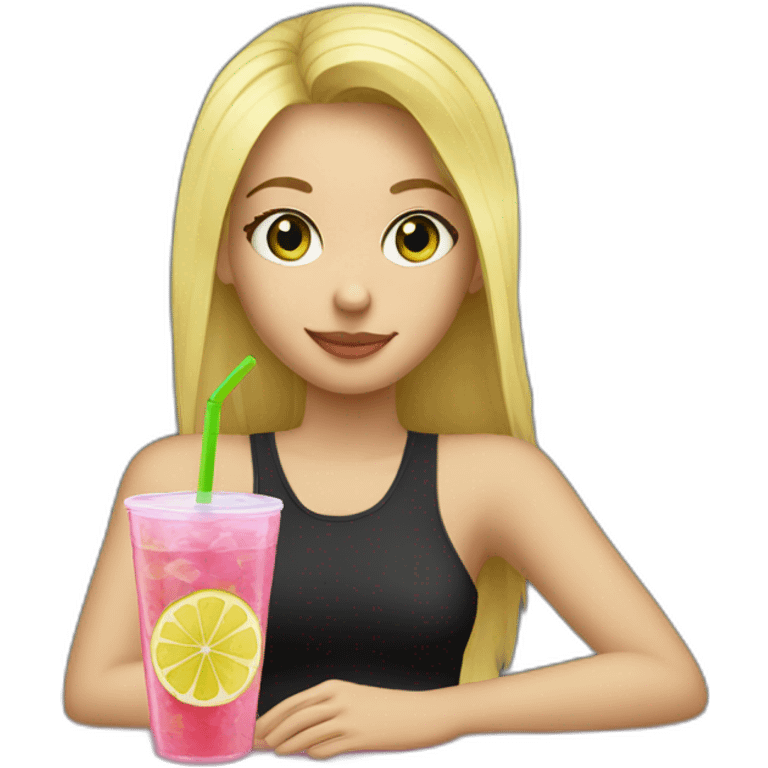 blonde girl straw drinking pink lemonade with one green lemon in the cup, with black watch black t shirt emoji