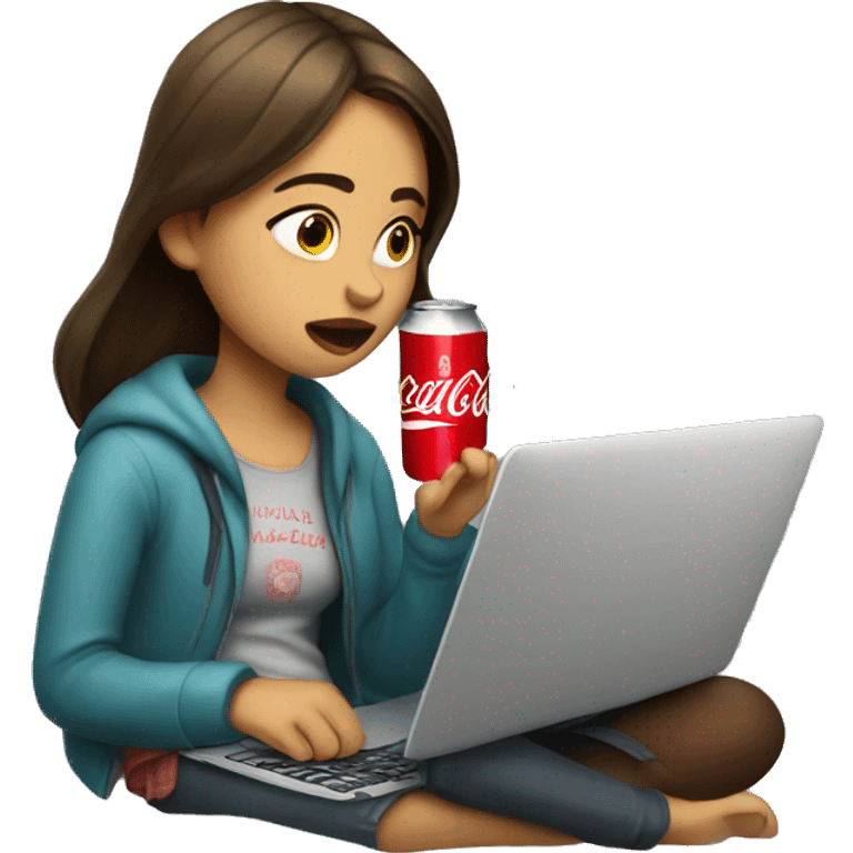 tired girl with laptop drinking coca-cola emoji