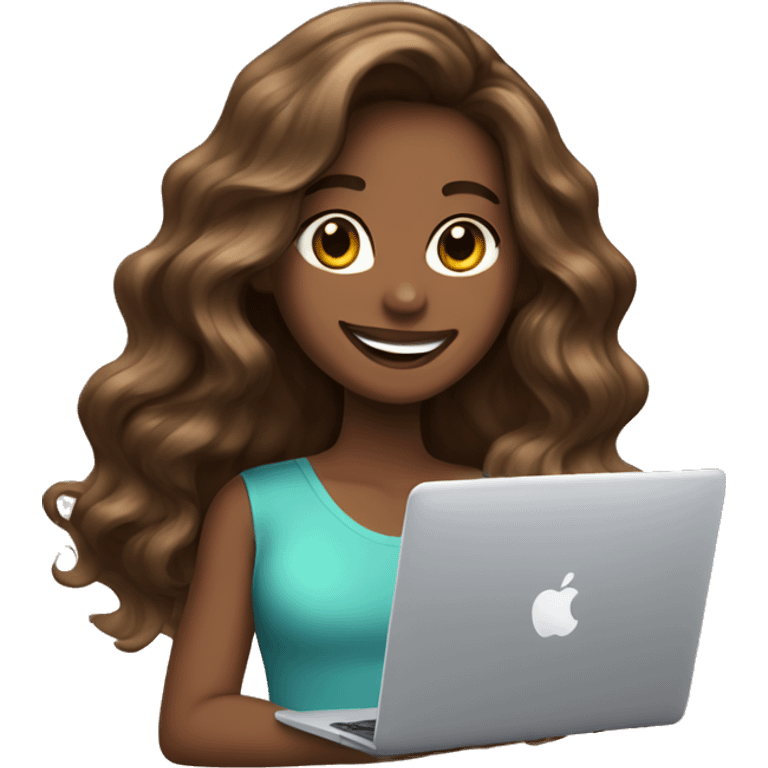 brown balayage Hair italian girl with macbook, smiling emoji