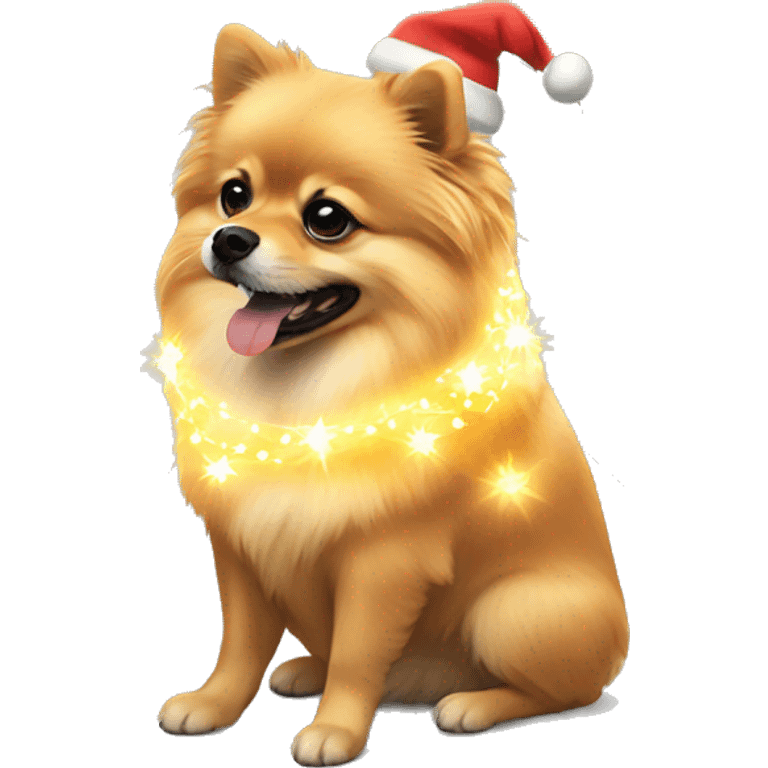 A Pomeranian wrapped in Christmas lights emoji