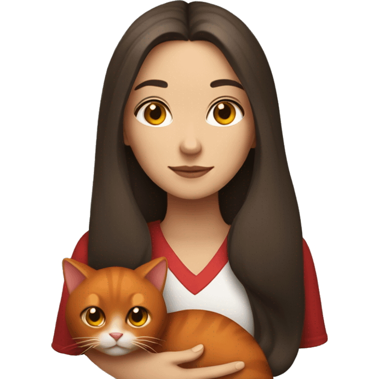 A brunette girl with long hair holds a red cat emoji