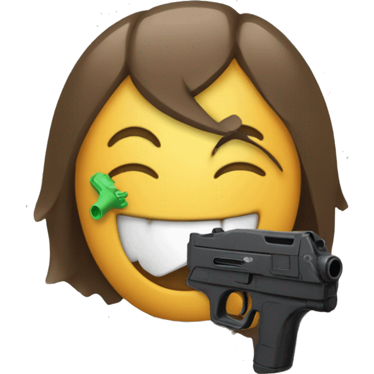 Smiling emoji with a black plastic water pistol pointed into its mouth emoji