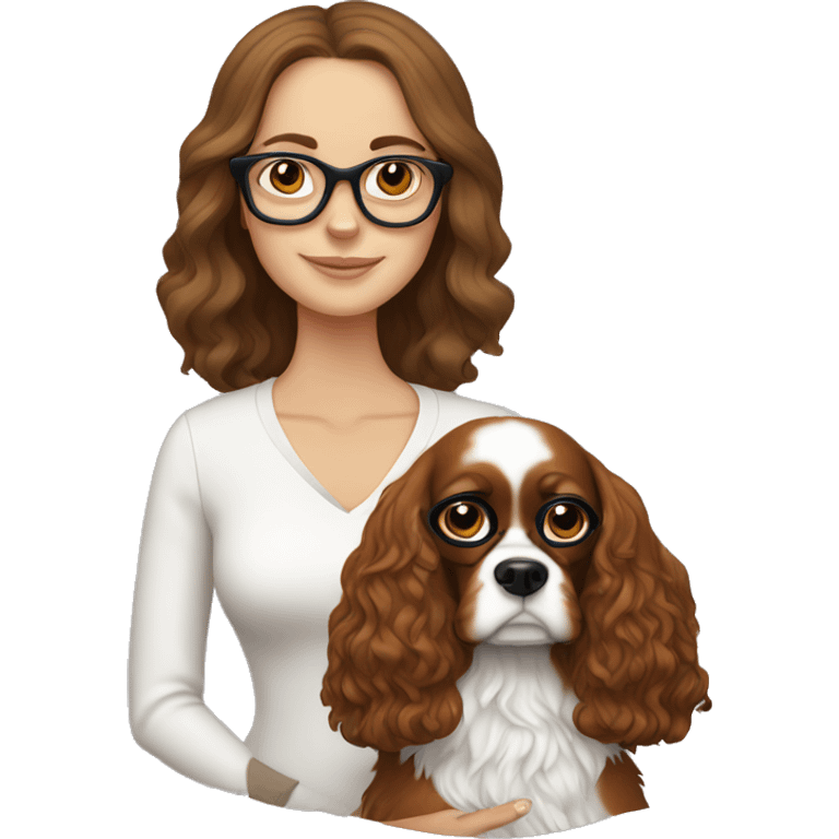 White girl with brown hair wearing glasses holds a king charles spaniel dog emoji