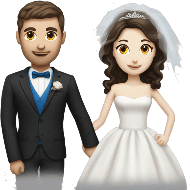 Bride with pale skin, dark brown hair & blue eyes standing with Groom with dark brown hair and brown eyes emoji