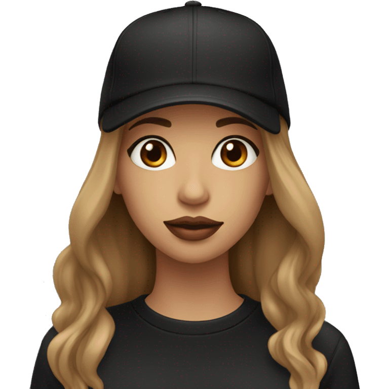 A beautiful woman wearing a black cap and black sweatshirt, big lips, brown straight long hair.  emoji