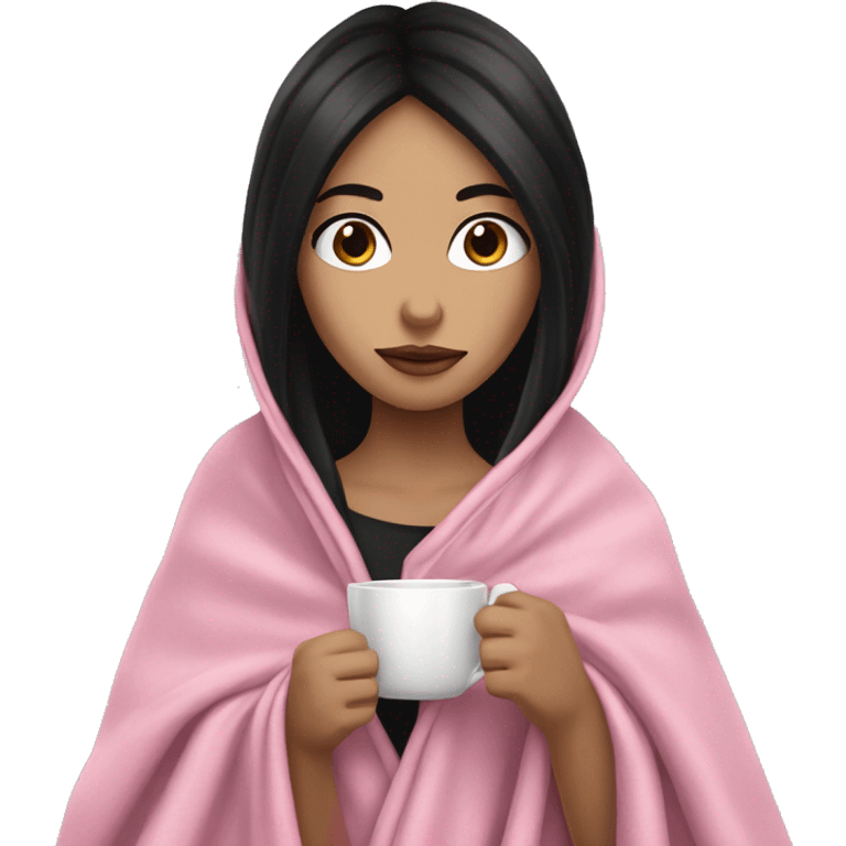 A pretty white girl with very long black hair  in a pink blanket sipping coffee emoji