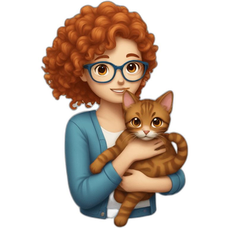 a pretty girl with curly copper hair and blue glasses hugging a cat emoji