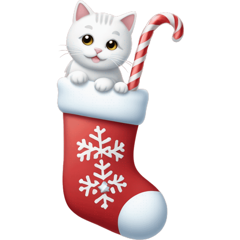 light red stocking with snowflakes on it and a small white cat poking out of the stocking and a candy cane beside the cat emoji