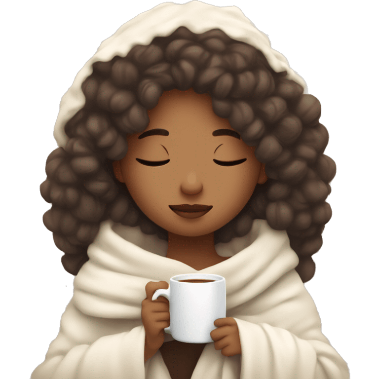 Cozy aesthetic girl wrapped in a white blanket holding a cup of coffe, eyes closed  emoji