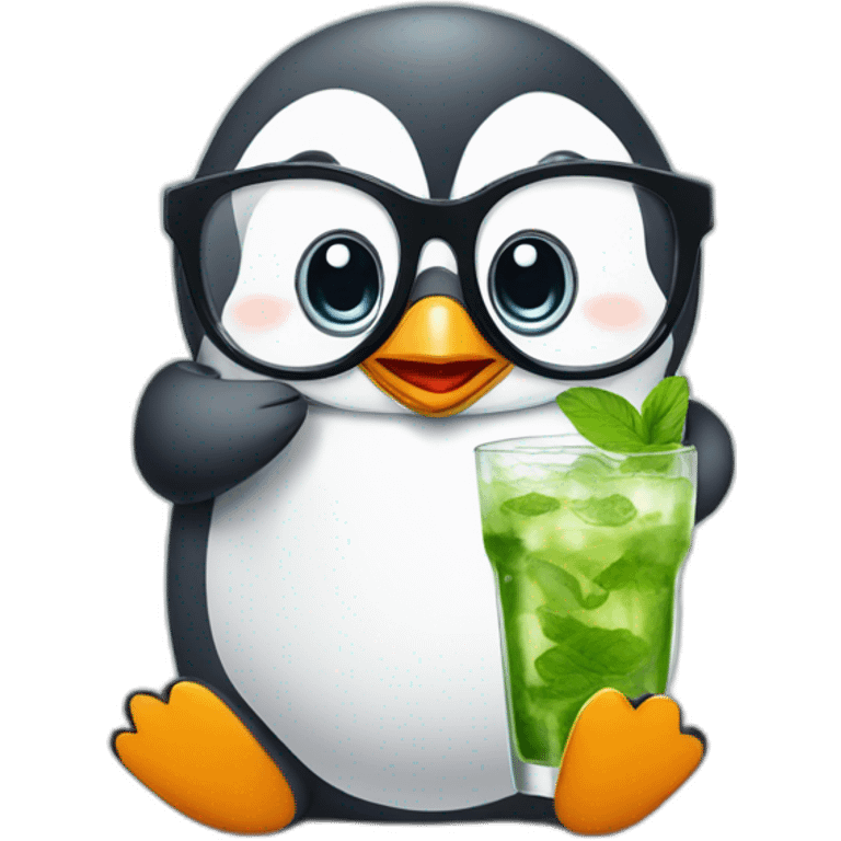 baby penguin with big glasses drinking mojito emoji