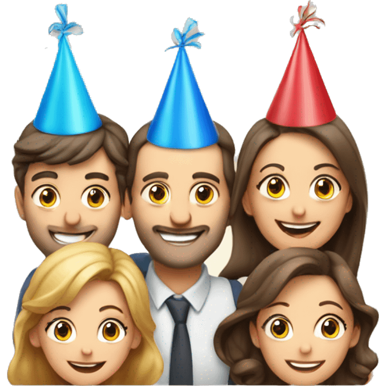 European company of 4 people (mom dad and 2 kids) celebrate birthday in birthday hats emoji