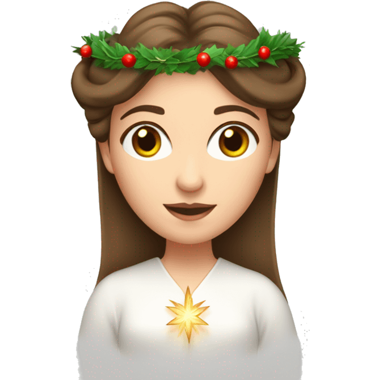 brown haired white women with white gown and advent wreath with candles on the head emoji