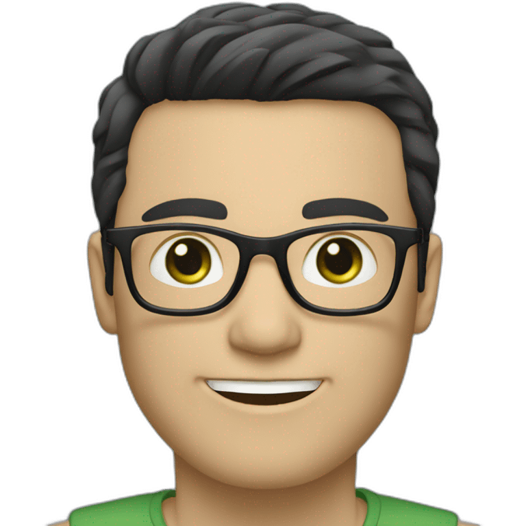 White man with clear glasses frames, black straight hair, blue-green eyes, smiling emoji